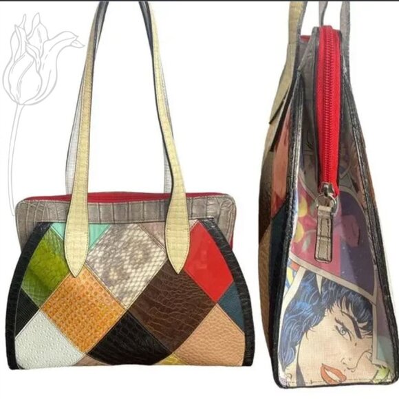 Leo Monk Genuine Leather Patchwork Comic Handbag NWOT - Picture 1 of 13